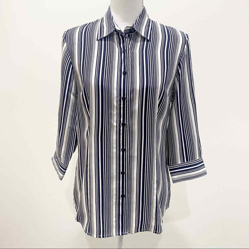 PENDLETON womens button down shirt sz 6 100% silk navy blue white stripes classy